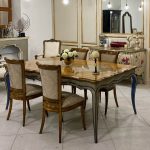 wooden dining table in the dining room in the old style